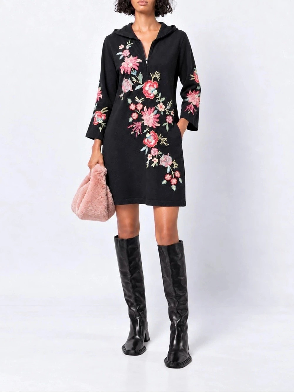 New🌺$238 Johnny Was Black Floral Embroidered Hooded Dress Pockets M